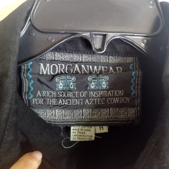 Morganwear Black Denim Western Fringe Festive Turquoise Buttoned Jacket Sz M - Picture 6 of 10